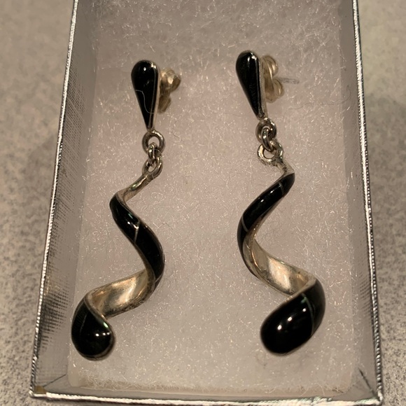 Jewelry - Sterling Silver and Onyx Inlay Swirl Dangle Pierced Earrings
